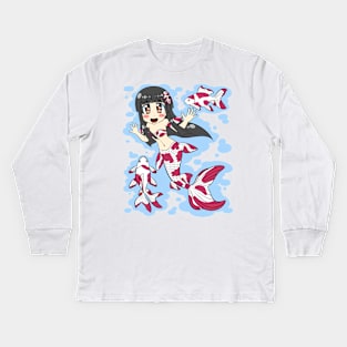 Goldfish Mermaid (Red, White) Kids Long Sleeve T-Shirt